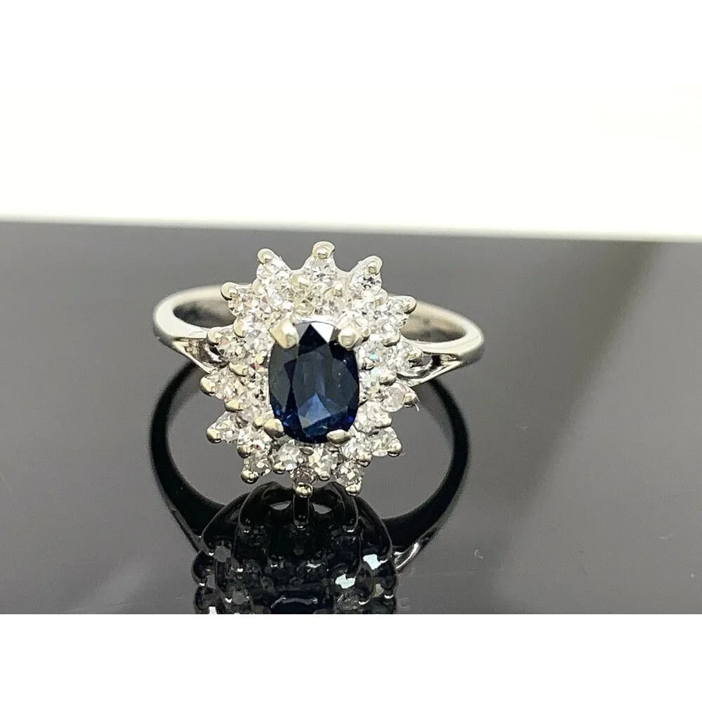 Blue Gemstone Diamond Cocktail Ring 14k White Gold Estate Women's Size 4.75